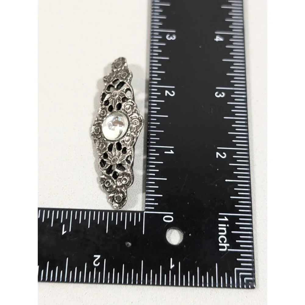 Vintage Victorian Style Floral Bar Brooch Clear Glass Cabochon Pin‎ Silver Tone